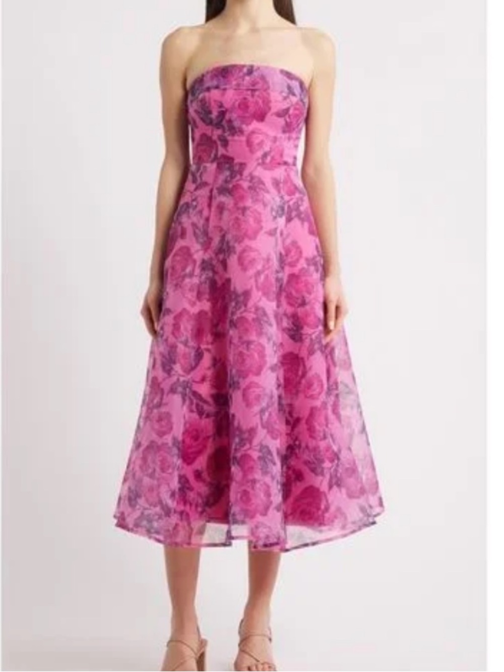 Lulu's Pink Organza Floral Strapless Midi Dress